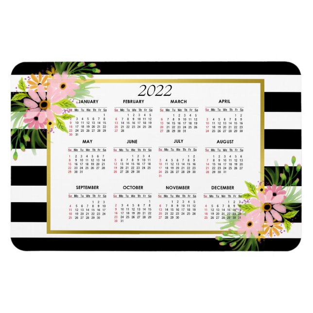 Ímã Dourado Floral Preto-Branco Estimulado | Calendári (Horizontal)