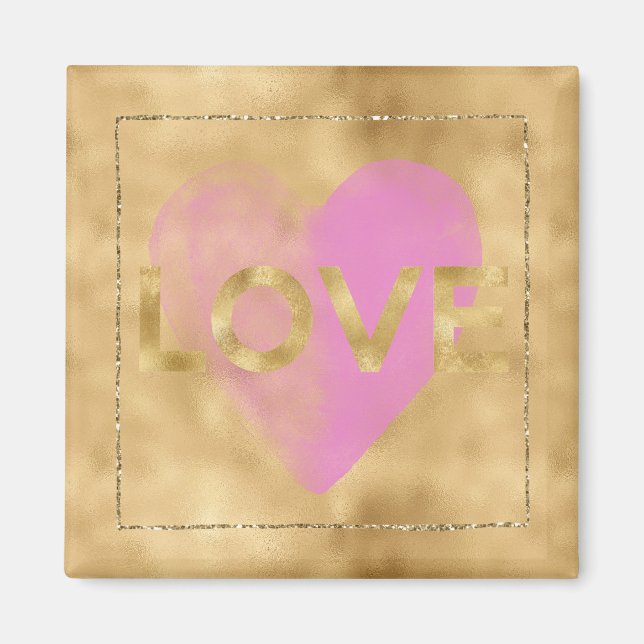 Imã Dourado Glam Glitter Pink Heart Love (Frente)