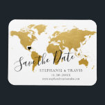 Ímã Dourado Mapa Destino Casamento Salvar a Data<br><div class="desc">MOVA FACILMENTE O CORAÇÃO NO MAPA PARA O SEU DESTINO DE CASAMENTO no nosso mapa do mundo de folha de ouro, que parece autêntico, para criar a sua imã salve a data de casamento de destino que ficará incrível na geladeira. — Clique em PERSONALIZAR AINDA MAIS para mover o coração,...</div>