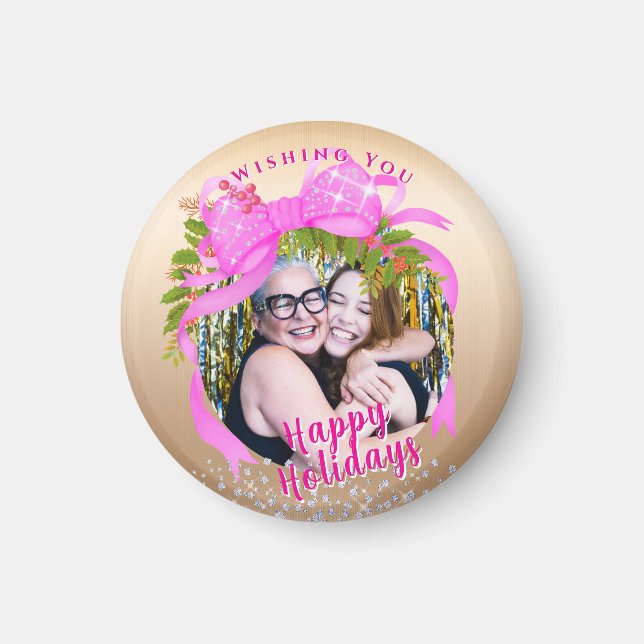 Imã Dourado Natal da Fita Rosa Brilhante (Frente)