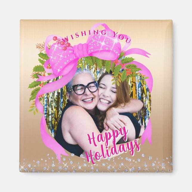 Imã Dourado Natal da Fita Rosa Brilhante (Frente)