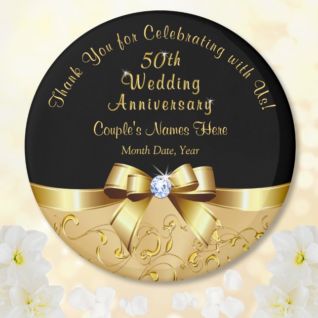 Imã Dourado negro, 50º Favoritos para festas de aniver (Cheap 50th wedding anniversary party favors. Black and Gold 50th anniversary Theme. Golden Favors.)
