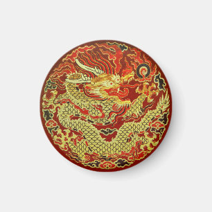 Imã Dragão asiático ouro bordado em vermelho escuro