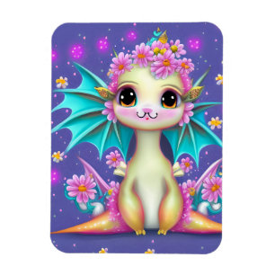 Ímã Dragão-Bebê Bonito com Flores Rosa