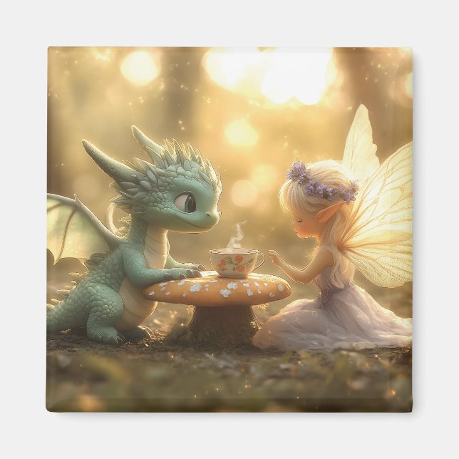 Imã Dragão-Bebê-Cute e Fada Apreciando Chá (Frente)