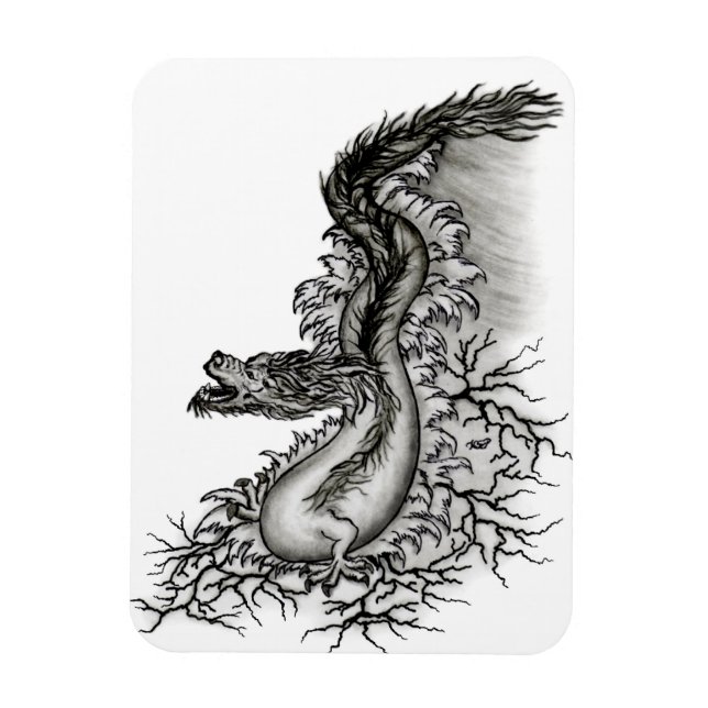 Ímã Dragão chinês, Design preto e branco em tatuostilo (Vertical)