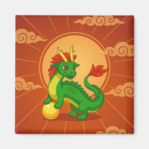 Imã Dragão Chinês Verde sobre Vermelho