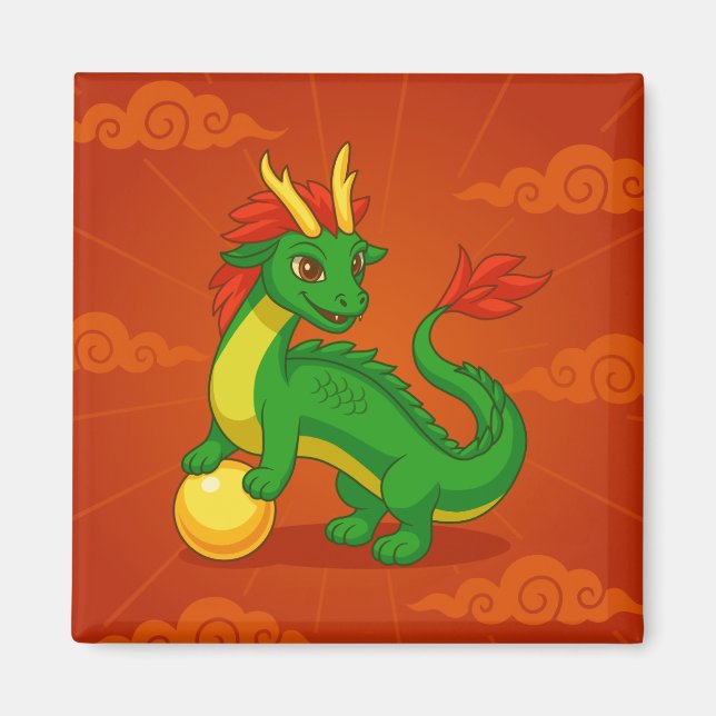 Imã Dragão Chinês Verde sobre Vermelho (Frente)