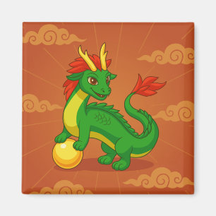 Imã Dragão Chinês Verde sobre Vermelho