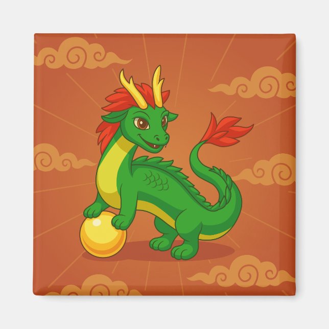 Imã Dragão Chinês Verde sobre Vermelho (Frente)