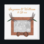 Imã Dragonflies Wedding Favor Photo<br><div class="desc">Colorful dragonflies on a frame with a bow wedding favor refrigerator magnet. Ready for your special photo. Fill in your information in the template. Make more changes to text and font size, style, and color. Add your photo by clicking on Change and upload your picture. Click on Customize to adjust...</div>