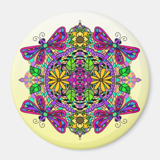 Imã Dragonfly e Flores Mandala Magnet (Frente)