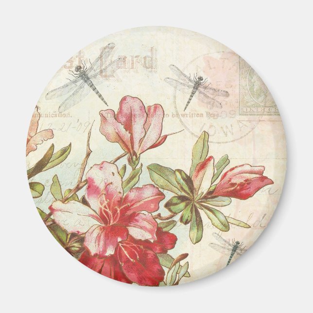Imã Dragonfly Vintage Floral Red Flowes Azaleas (Frente)