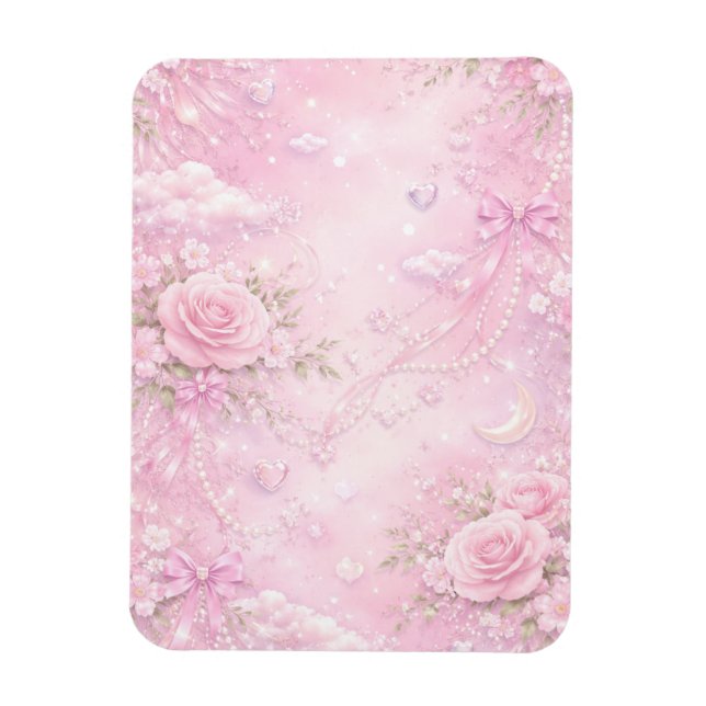 Ímã Dreamy Pink Rose Floral Pattern Pearls Bows Sparks (Vertical)