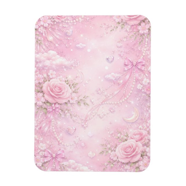 Ímã Dreamy Pink Rose Floral Pearls Bows Sparkles (Vertical)