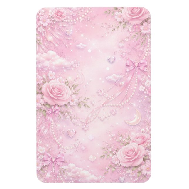Ímã Dreamy Pink Rose Floral Pearls Bows Sparkles (Vertical)