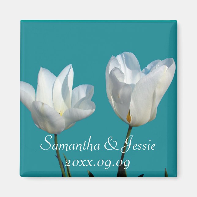 Imã duas flores de tulipa brancas, salve a data (Frente)