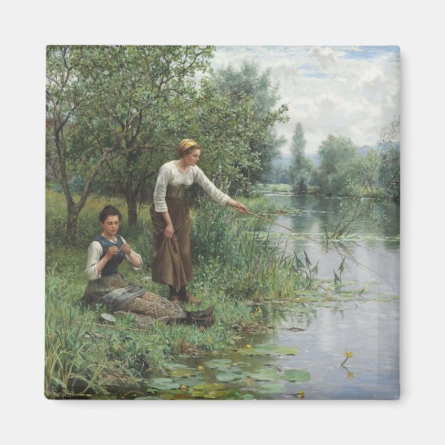 Imã Duas mulheres pescando na grama pelo rio (Frente)