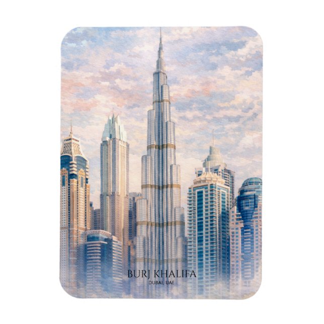 Ímã Dubai Burj Khalifa Luxury City Skyline Watercolor  (Vertical)