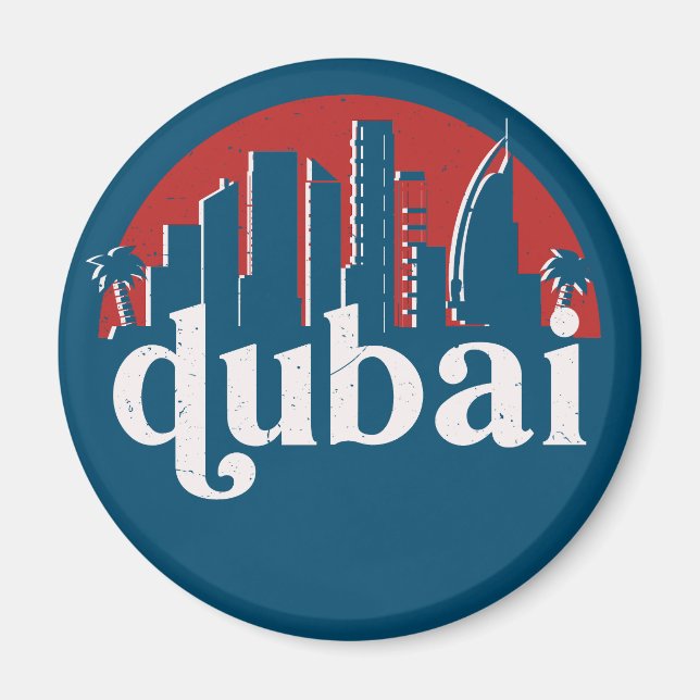 Imã Dubai UAE Vintage Retro City Skyline Cityscape Art (Frente)