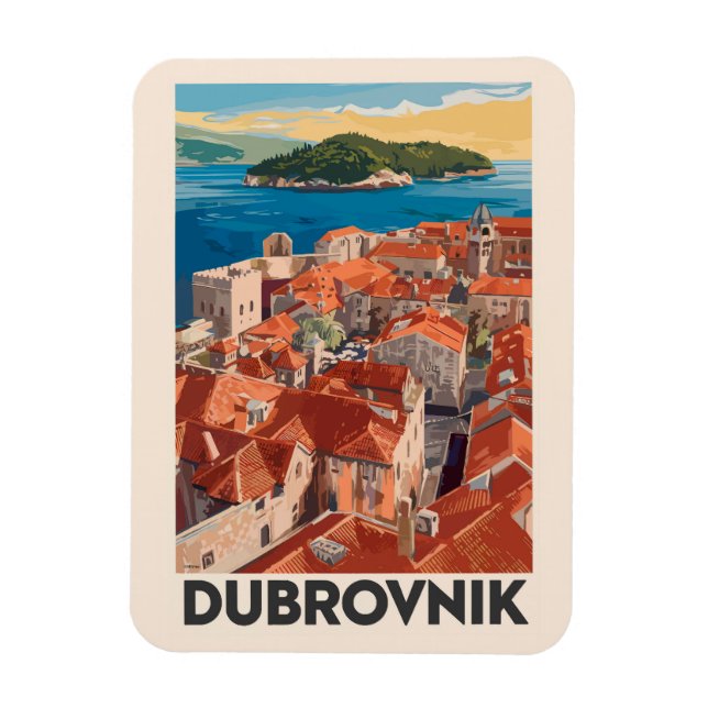 Ímã Dubrovnik Croácia Illustração Viagem Art Vintage (Vertical)
