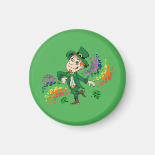 Imã Duende feliz sorrindo dançando, um arco-íris 