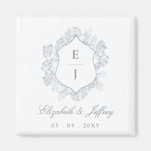 Imã Dusty Blue Floral Crest Monograma Casamento