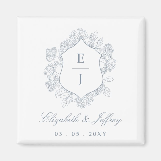 Imã Dusty Blue Floral Crest Monograma Casamento (Frente)