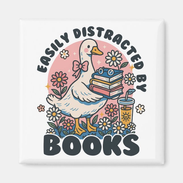 Imã Easily Distracted by Books Cute Goose Bookworm (Frente)