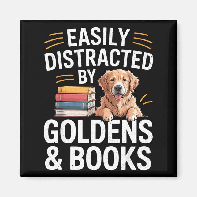 Imã Easily Distracted By Goldens &amp; Books - Golden  (Frente)