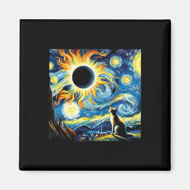 Imã Eclipse Solar Total 2024 Van Gogh Starry Night Cat (Frente)