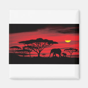 Imã Elefante Africano e Bebê com Sunset Vermelho