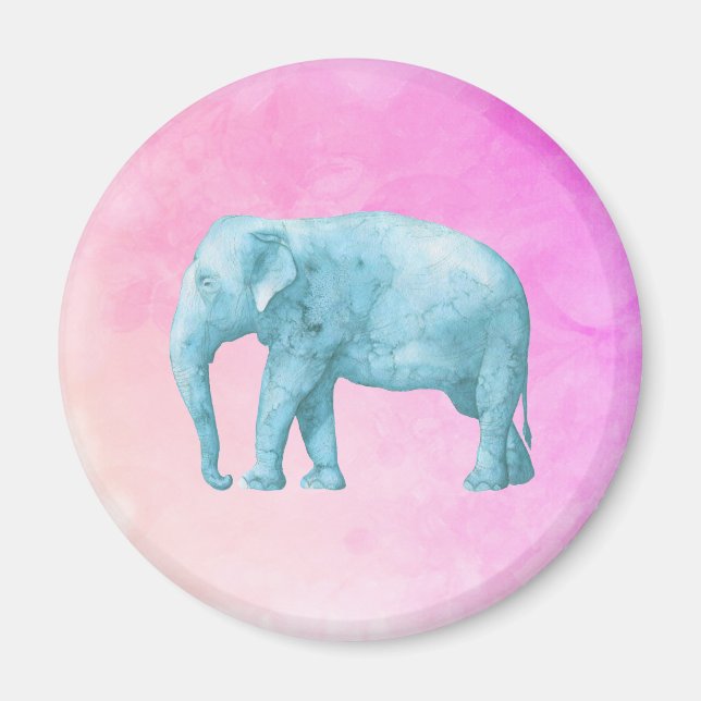 Imã Elefante Azul Claro em Aquarelas Rosa Sonhadoras (Frente)