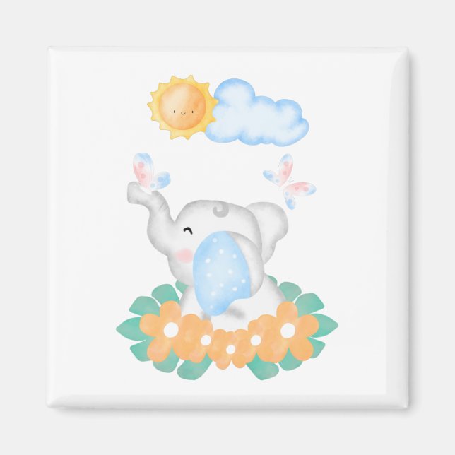 Imã Elefante de Bebê Bonito com flores laranja Magnet (Frente)