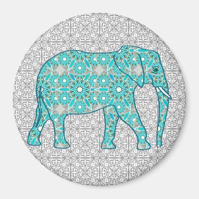 Imã Elefante de flor de Mandala - turquesa, cinza e br (Frente)