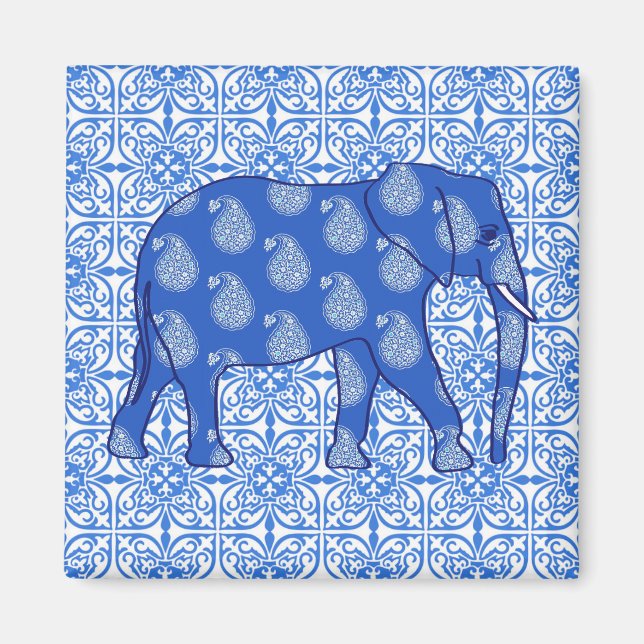 Imã Elefante de Paisley - azul de cobalto e branco (Frente)