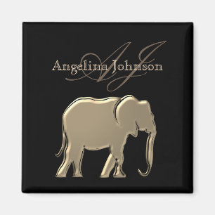 Imã Elefante Dourado Preto Monograma Elegante Luxuoso