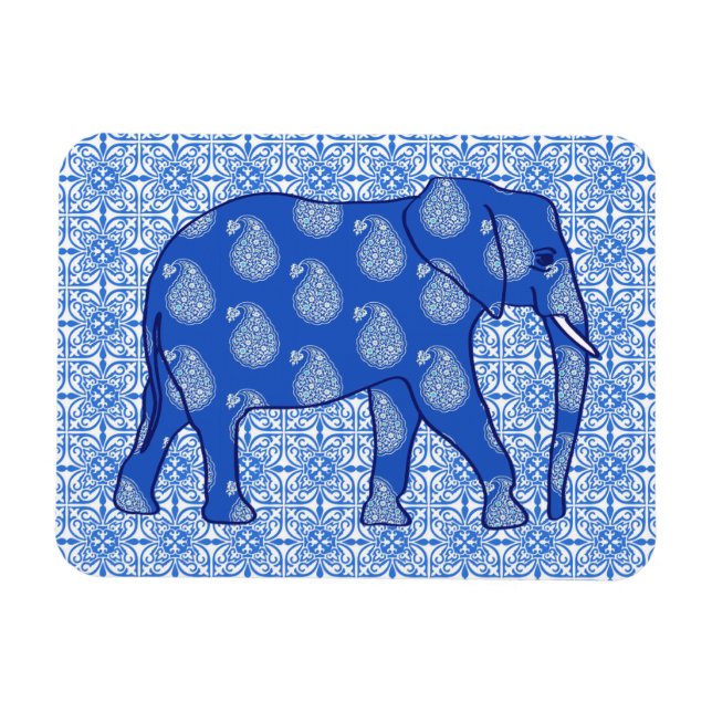 Ímã Elefante paisley - azul cobalto e branco (Horizontal)