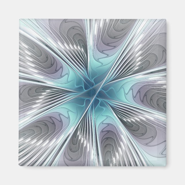 Imã Elegance Modern Blue Cinza White Fractal Art Flowe (Frente)