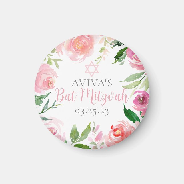 Imã Elegant Bat Mitzvah Party Personalized Pink Floral (Frente)