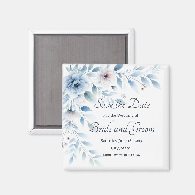 Imã Elegant Blue Floral Wedding Save the Date Magnet (Front/Back)