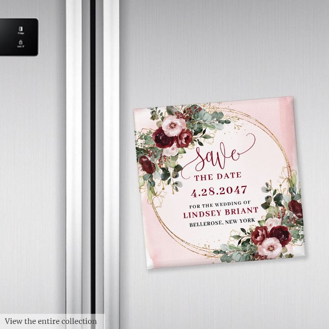 Imã Elegant Boho Burgundy Blush Gold Floral Magnet (You want to be unique? This watercolor burgundy and blush floral save the date magnet is the perfect)