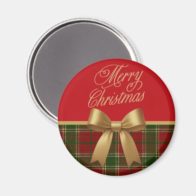 Imã Elegant Christmas Plaid Magnet with Gold Bow (Front/Back)