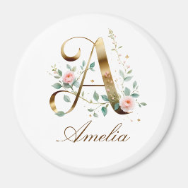 Imã Elegant Gold Floral Letter A Round Fridge Magnet