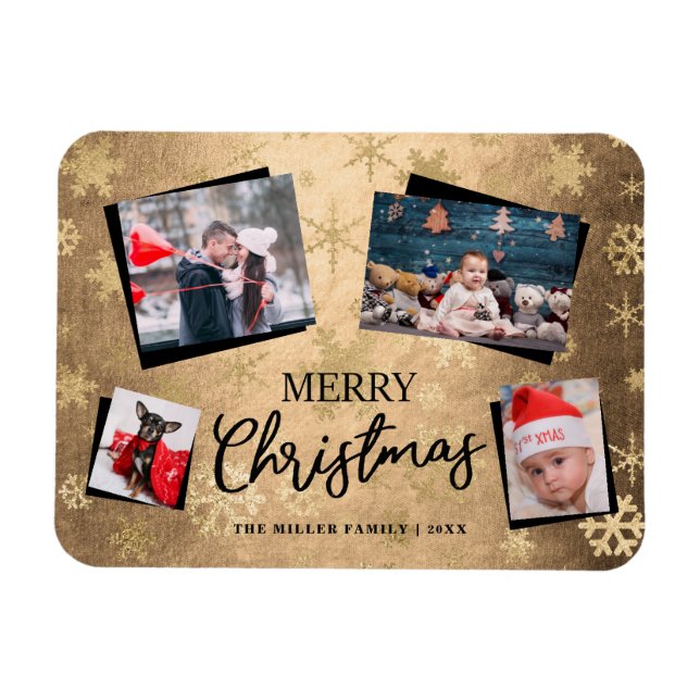 Ímã Elegant Gold Merry Christmas Custom Photo Collage (Horizontal)