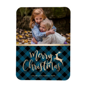 Ímã Elegant Gold Merry Christmas Plaid Custom Photo