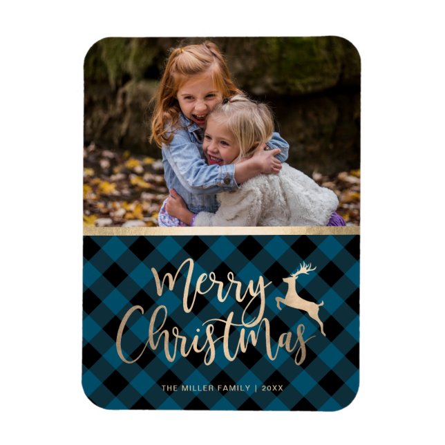 Ímã Elegant Gold Merry Christmas Plaid Custom Photo (Vertical)