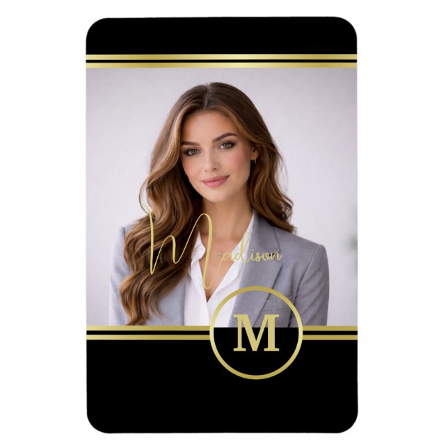 Ímã Elegant Gold Signature Monogram with Photo (Vertical)