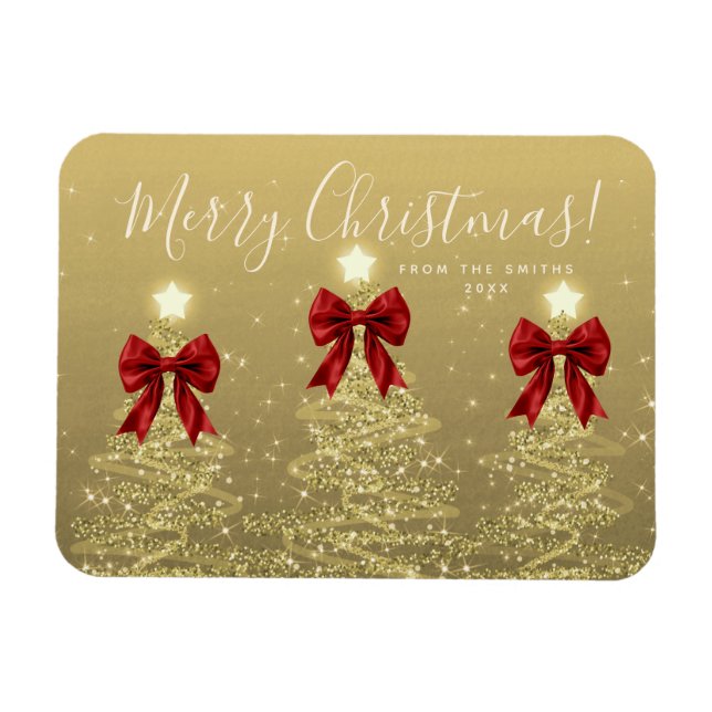 Ímã Elegant Holiday Gold Red Christmas Trees + Year (Horizontal)