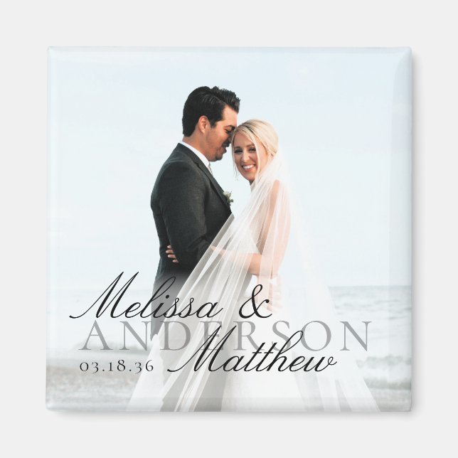 Imã Elegant Photo Script Date Names Wedding Favor (Frente)
